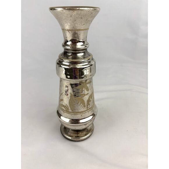 Victorian Antique Silver Mercury Glass Vase Floral Pattern Hand Blown 9” - Picture 10 of 11